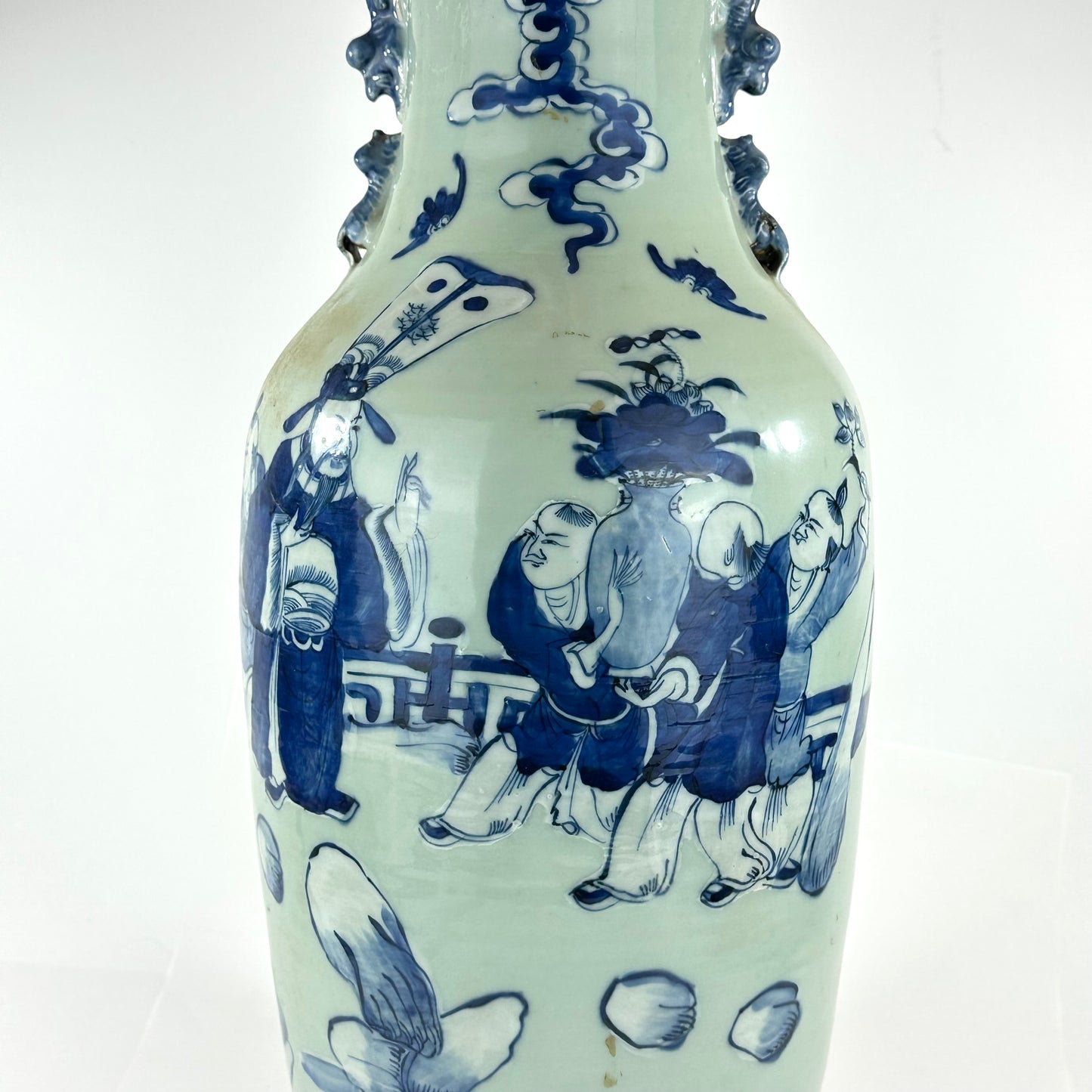 Antique Chinese Qing Dynasty Blue & White Celadon-Ground Vase Immortals 24"H