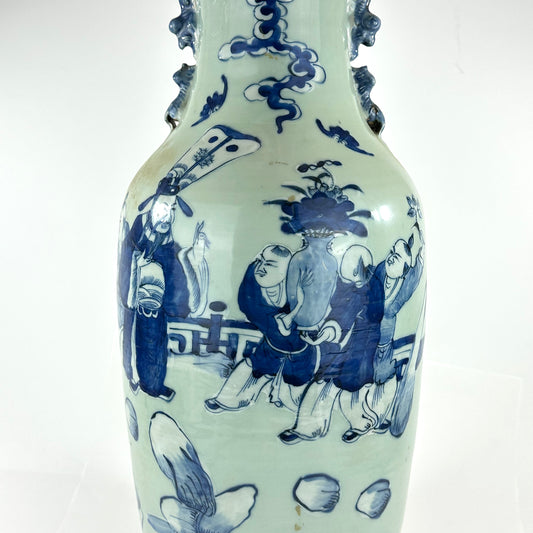 Antique Chinese Qing Dynasty Blue & White Celadon-Ground Vase Immortals 24"H