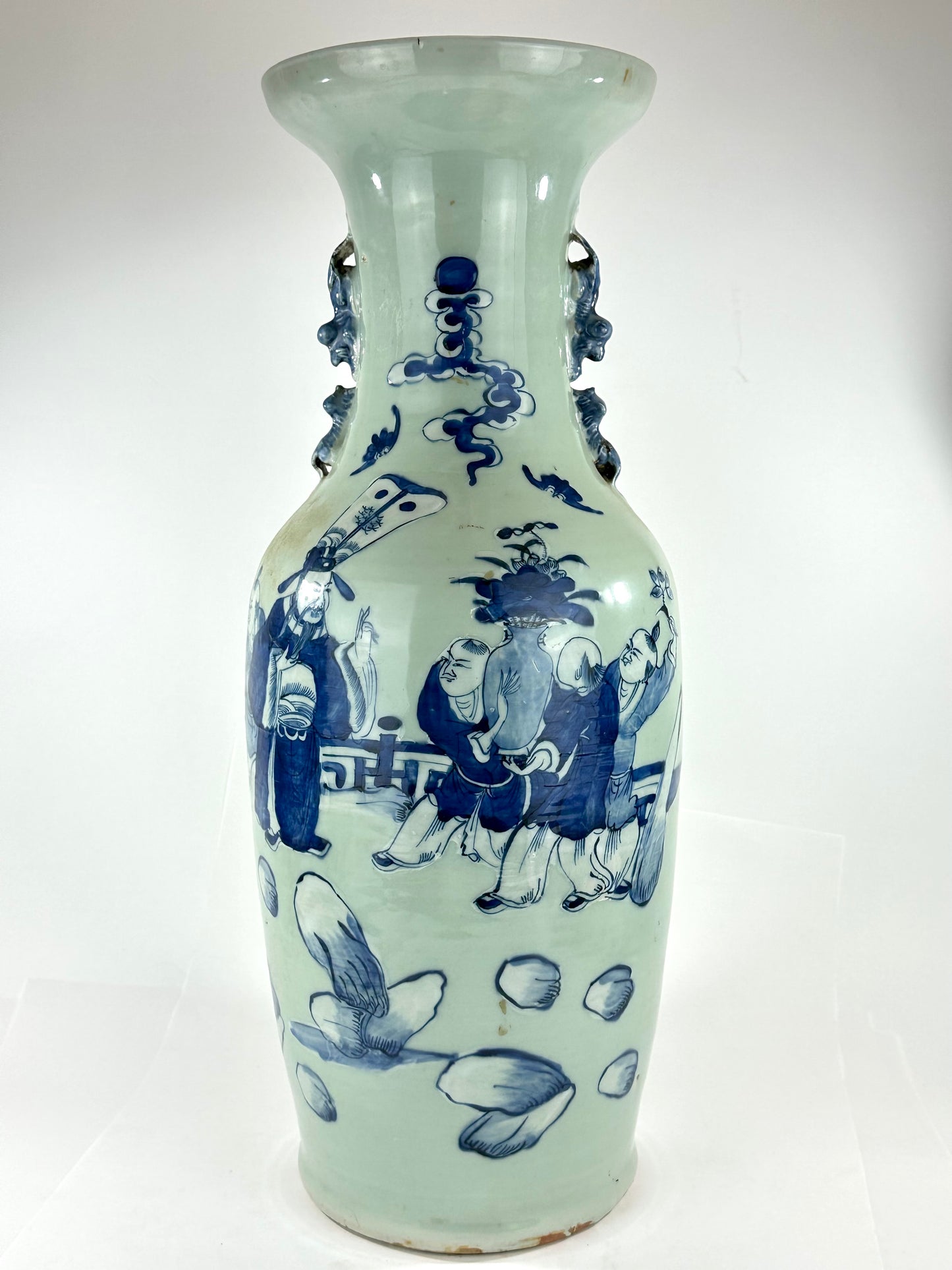 Antique Chinese Qing Dynasty Blue & White Celadon-Ground Vase Immortals 24"H
