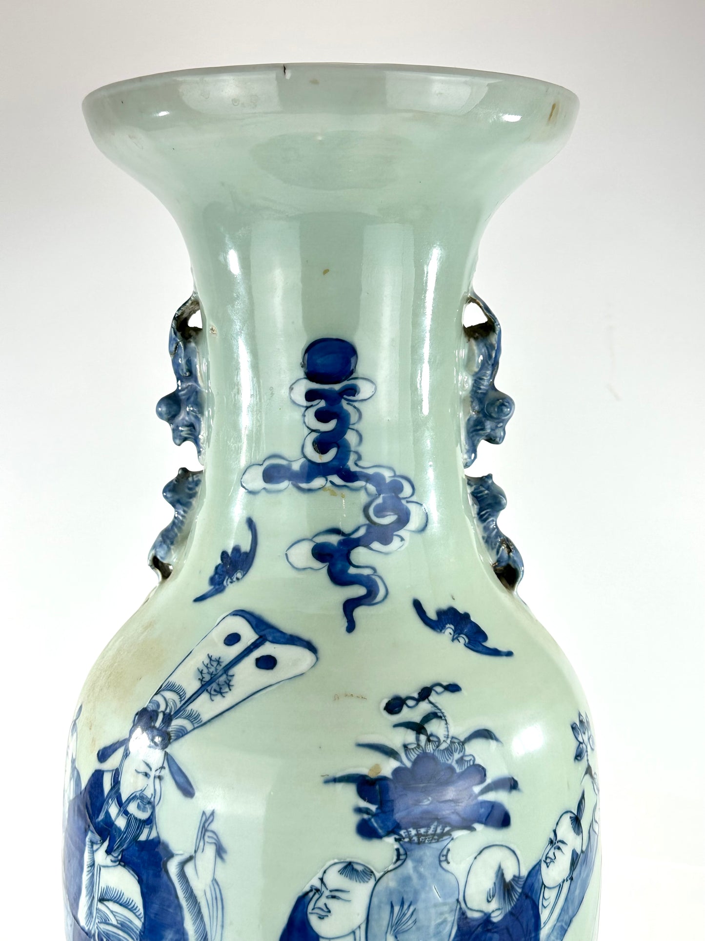 Antique Chinese Qing Dynasty Blue & White Celadon-Ground Vase Immortals 24"H