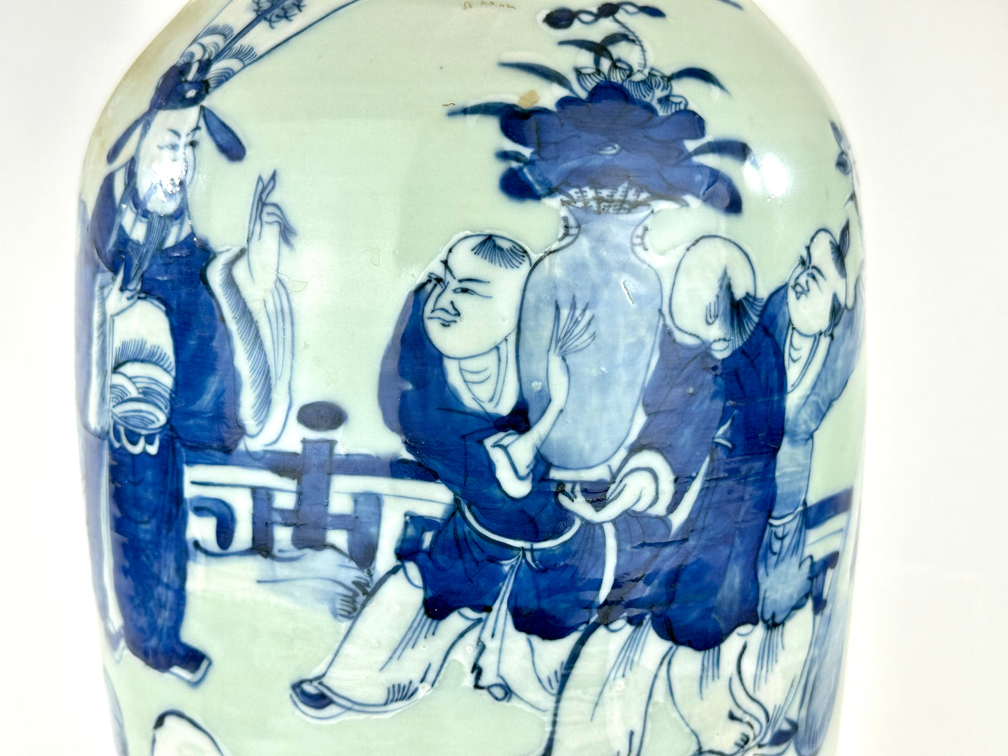 Antique Chinese Qing Dynasty Blue & White Celadon-Ground Vase Immortals 24"H