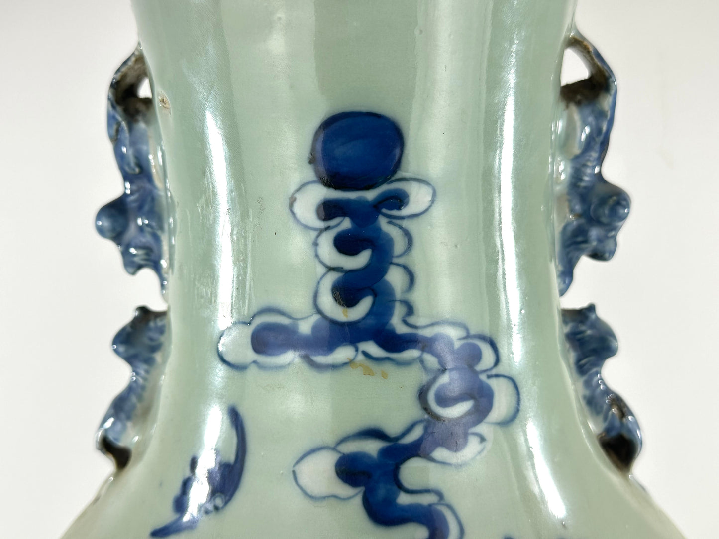 Antique Chinese Qing Dynasty Blue & White Celadon-Ground Vase Immortals 24"H