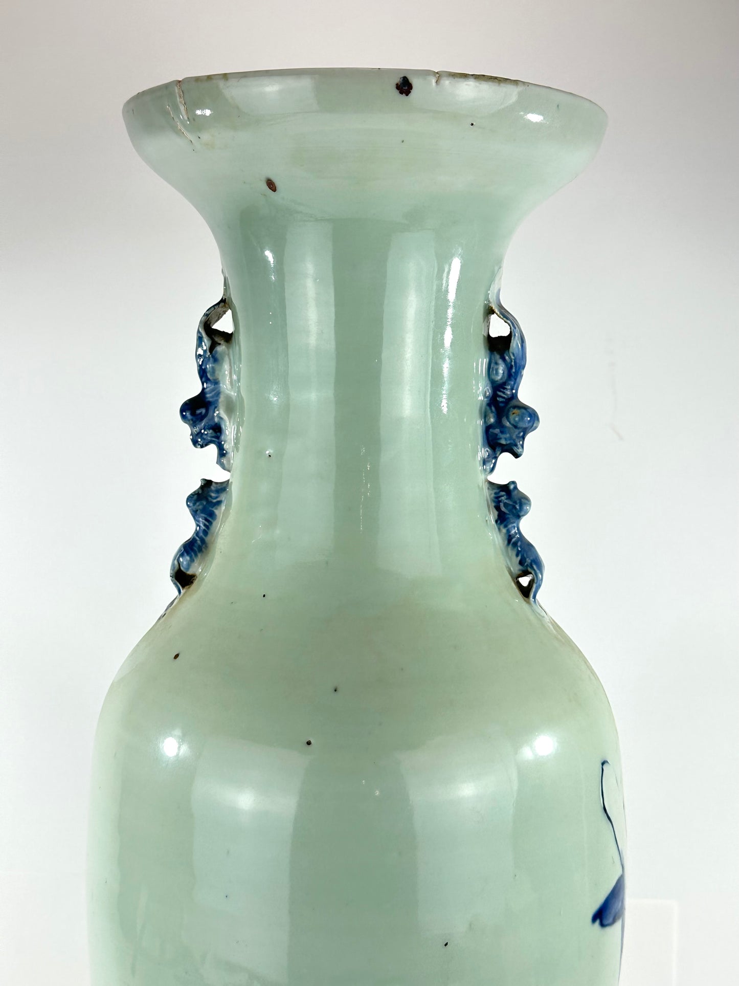 Antique Chinese Qing Dynasty Blue & White Celadon-Ground Vase Immortals 24"H