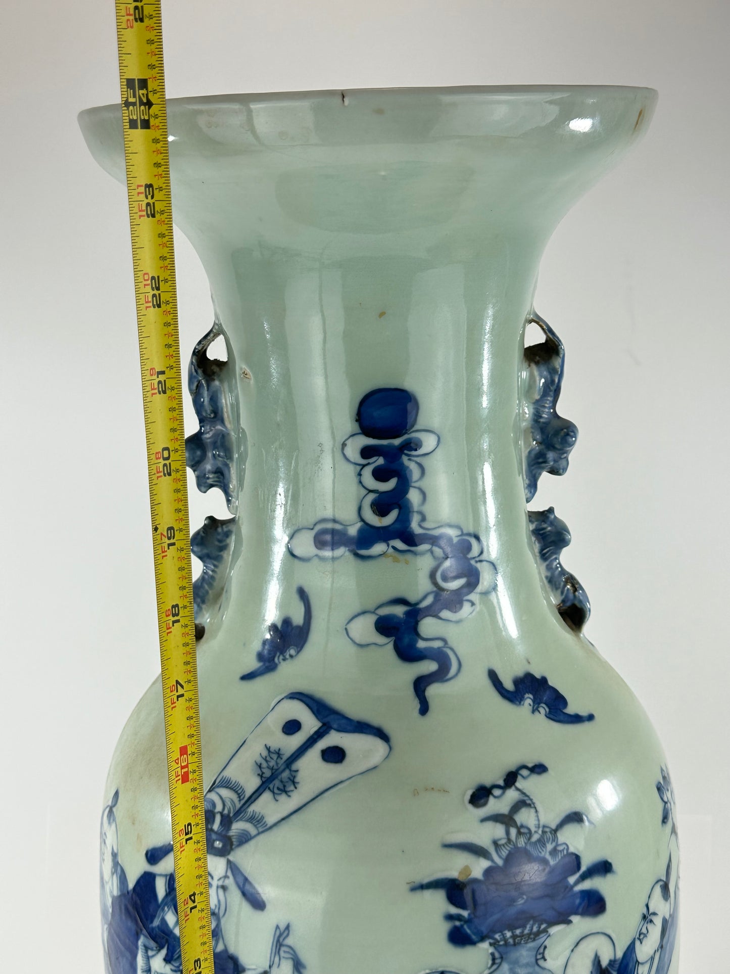 Antique Chinese Qing Dynasty Blue & White Celadon-Ground Vase Immortals 24"H