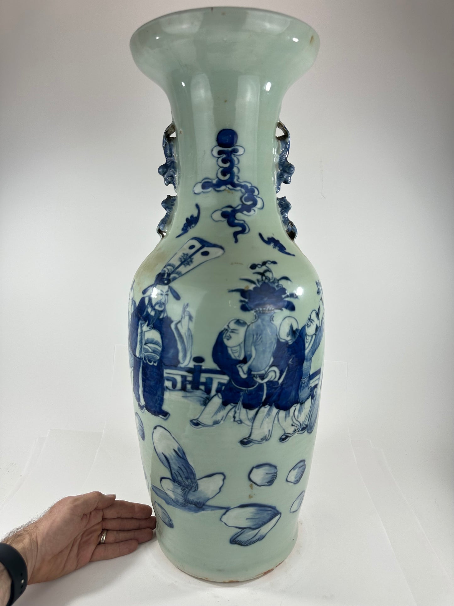 Antique Chinese Qing Dynasty Blue & White Celadon-Ground Vase Immortals 24"H