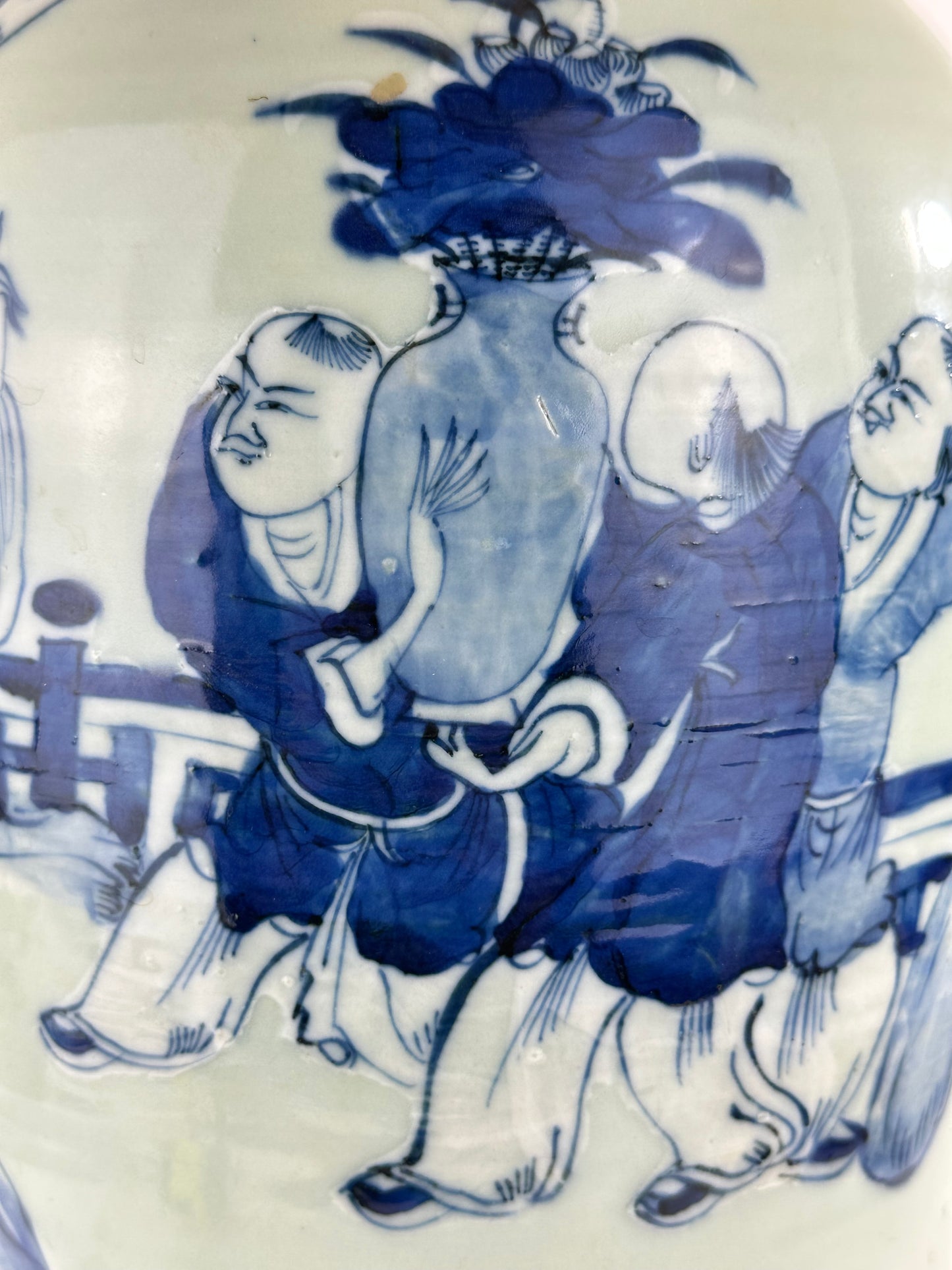 Antique Chinese Qing Dynasty Blue & White Celadon-Ground Vase Immortals 24"H