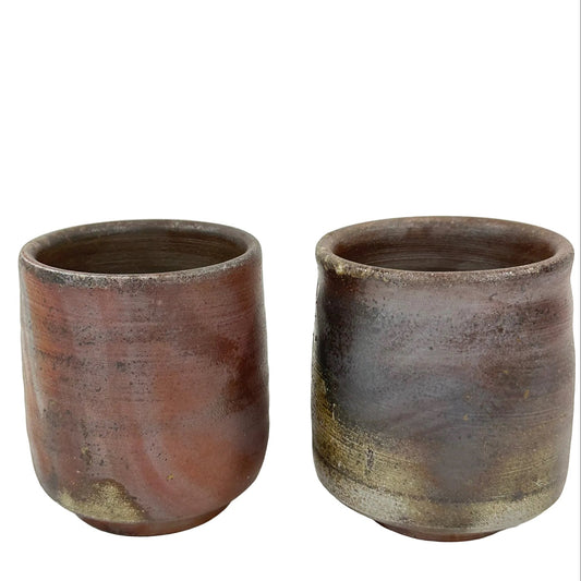 Japanese Bizen Ware Yunomi Tea Cup Pair Wood Fired Hidasuki Goma Ash Glaze Showa 3"H