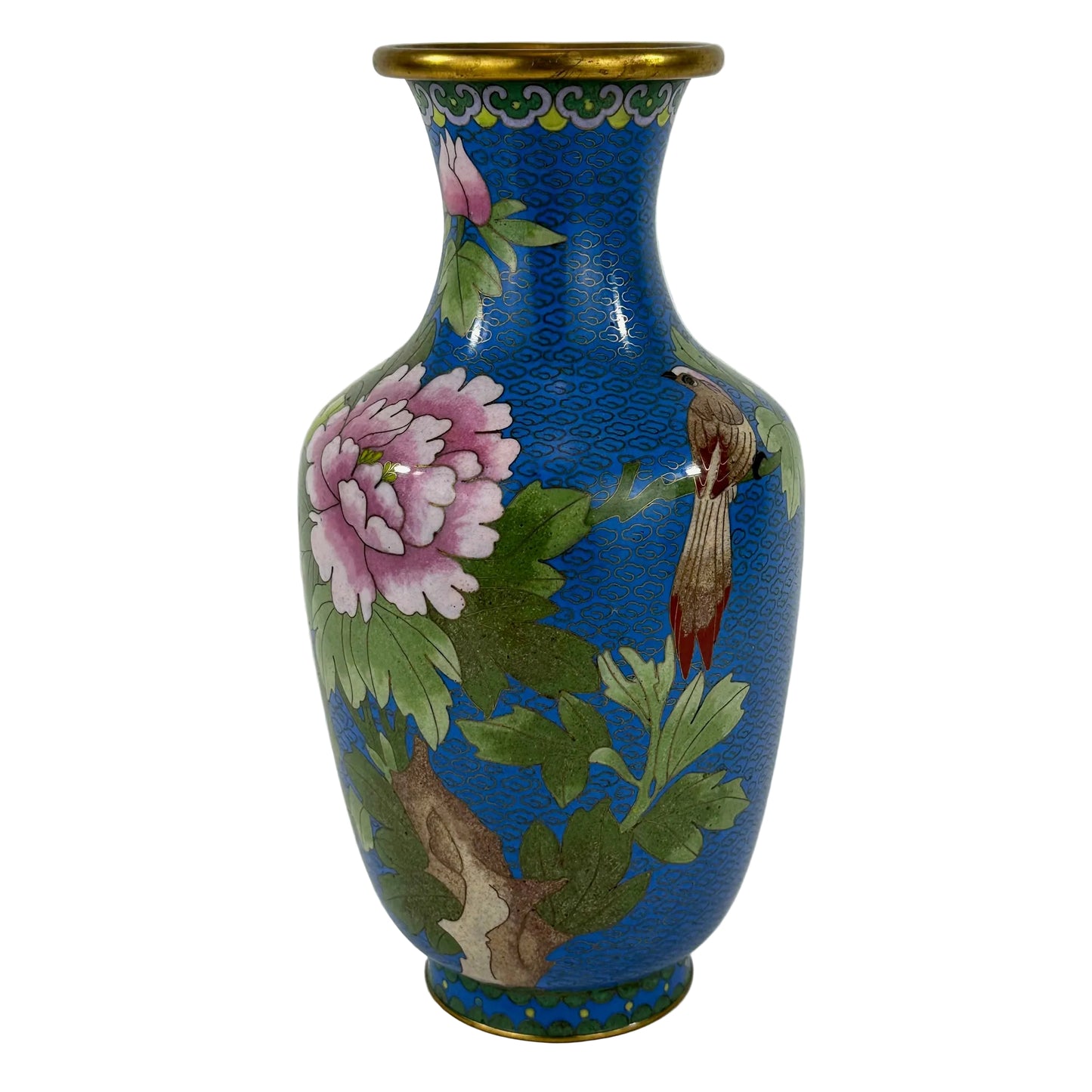 Chinese Cloisonné Enamel Vase Blue Ground Floral Peacock Design Brass Rim