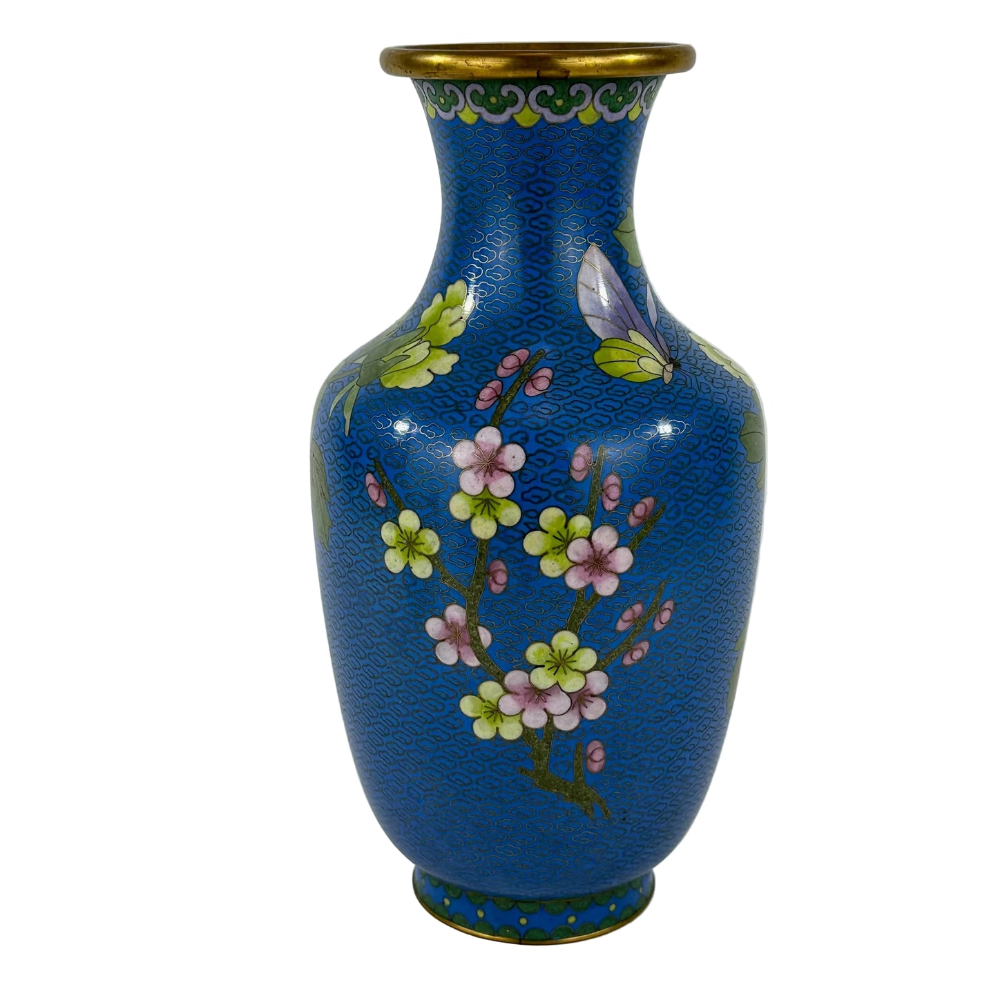 Chinese Cloisonné Enamel Vase Blue Ground Floral Peacock Design Brass Rim