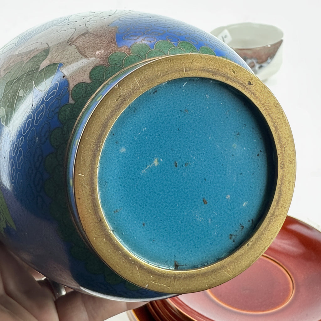Chinese Cloisonné Enamel Vase Blue Ground Floral Peacock Design Brass Rim