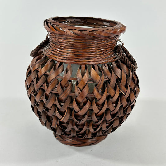 Japanese Bamboo Basket Ikebana Flower Basket Open Weave w/ Inner Vase