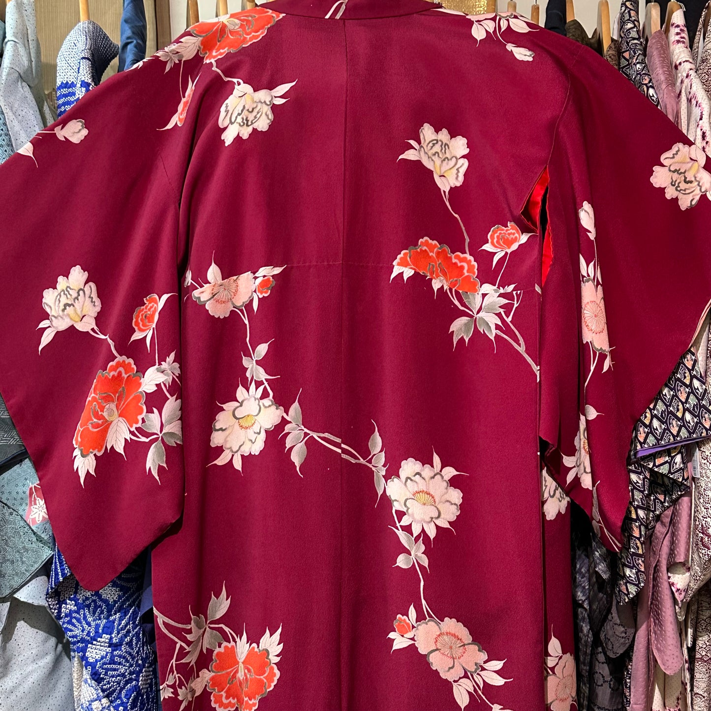 Vintage Japanese Silk Kimono Burgundy Peony Chirimen Crepe Showa
