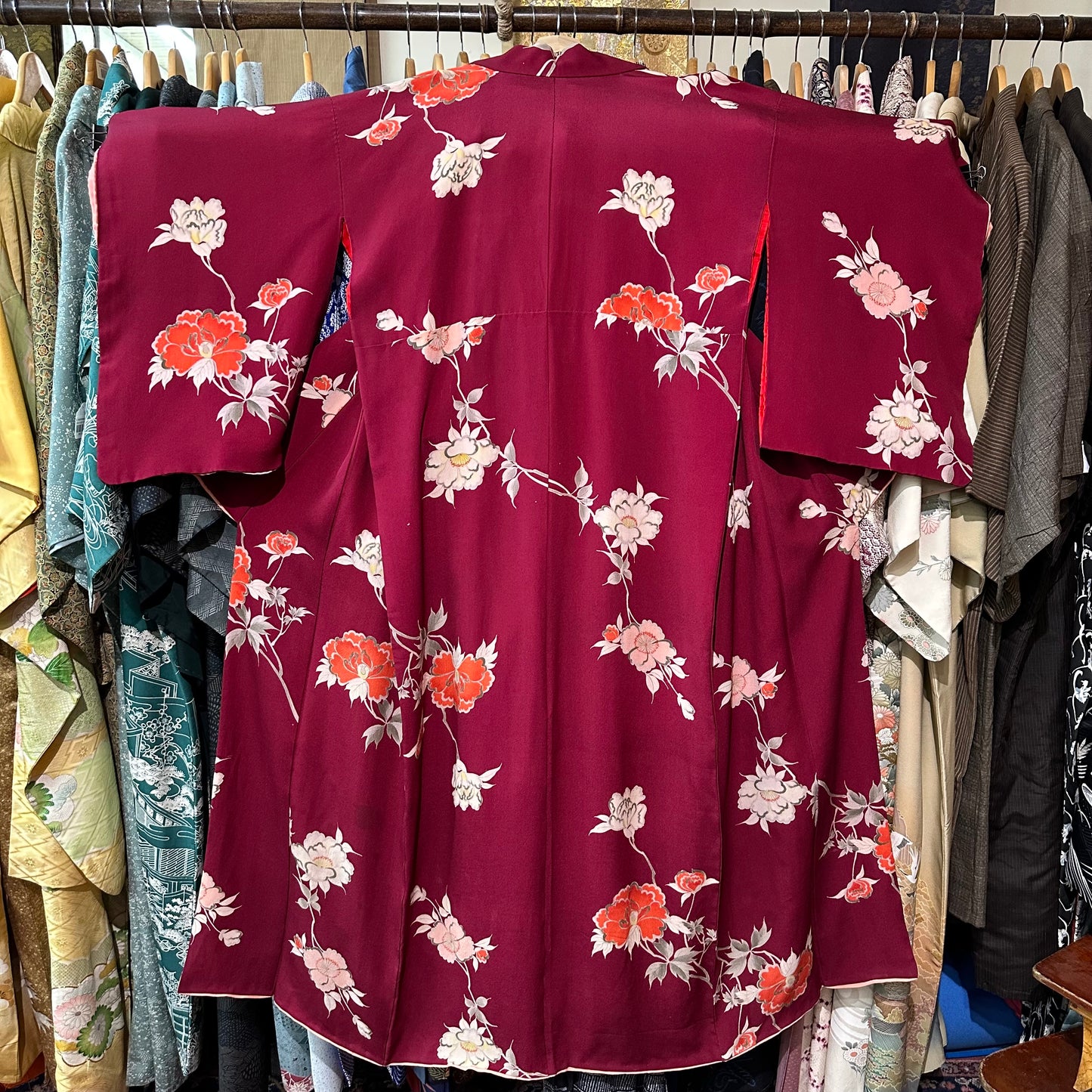 Vintage Japanese Silk Kimono Burgundy Peony Chirimen Crepe Showa