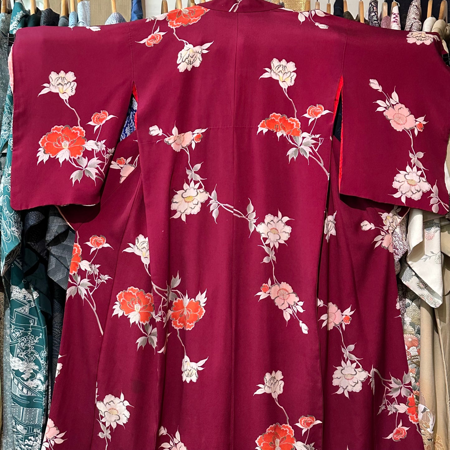 Vintage Japanese Silk Kimono Burgundy Peony Chirimen Crepe Showa