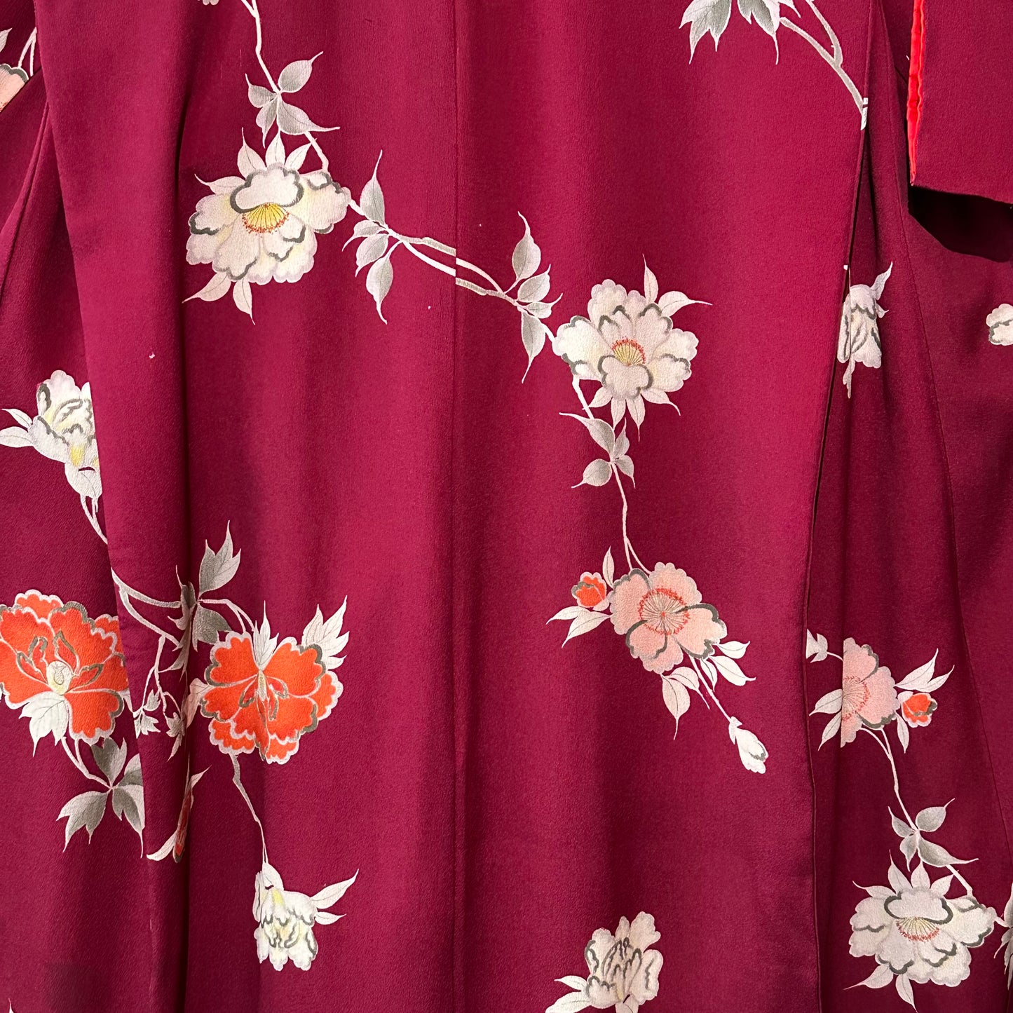 Vintage Japanese Silk Kimono Burgundy Peony Chirimen Crepe Showa
