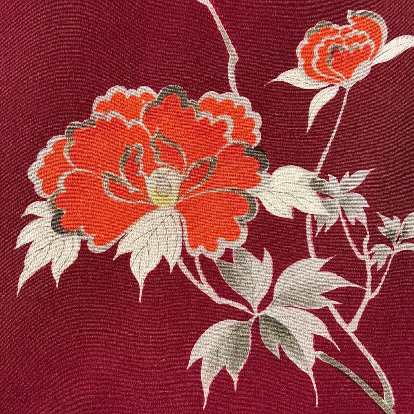Vintage Japanese Silk Kimono Burgundy Peony Chirimen Crepe Showa