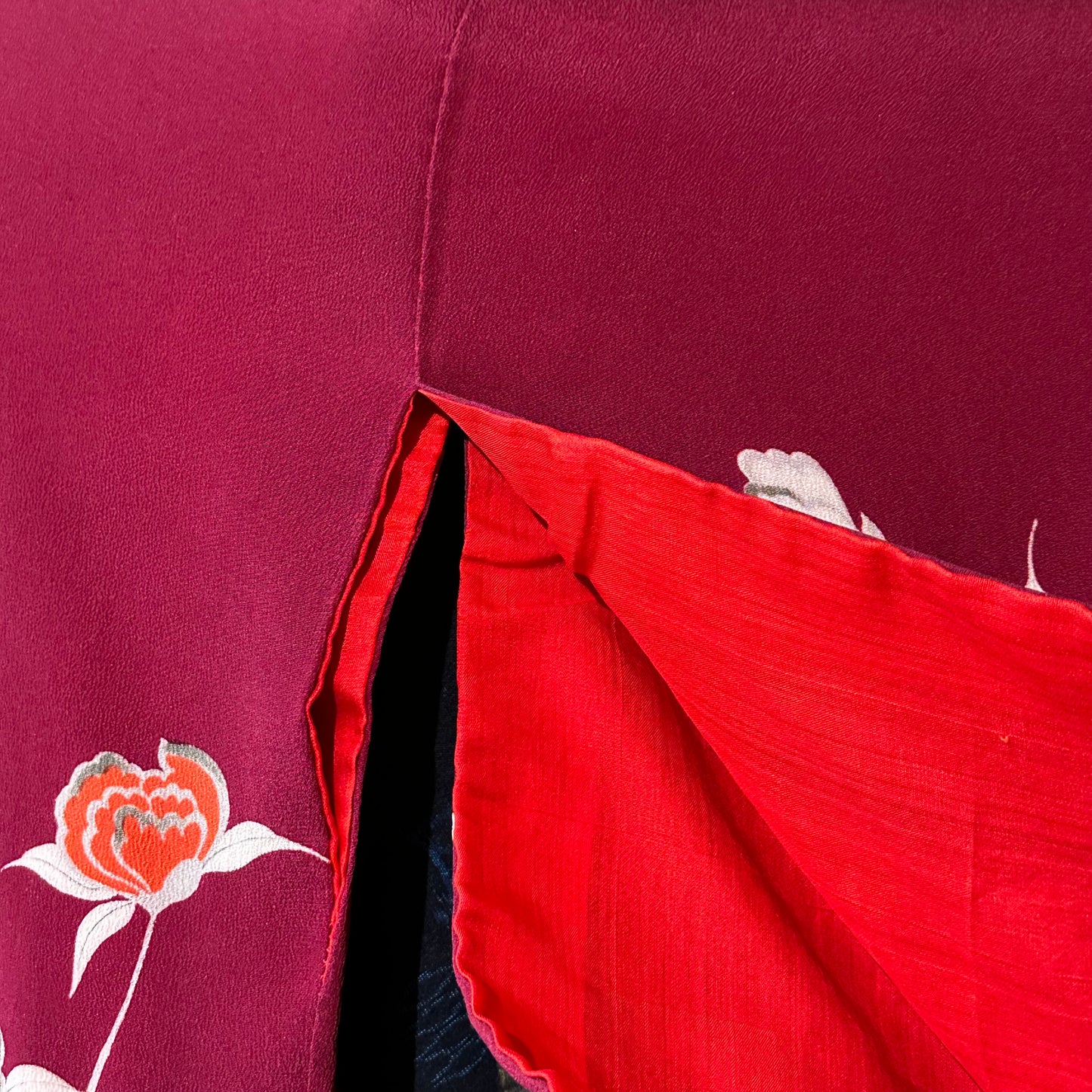 Vintage Japanese Silk Kimono Burgundy Peony Chirimen Crepe Showa