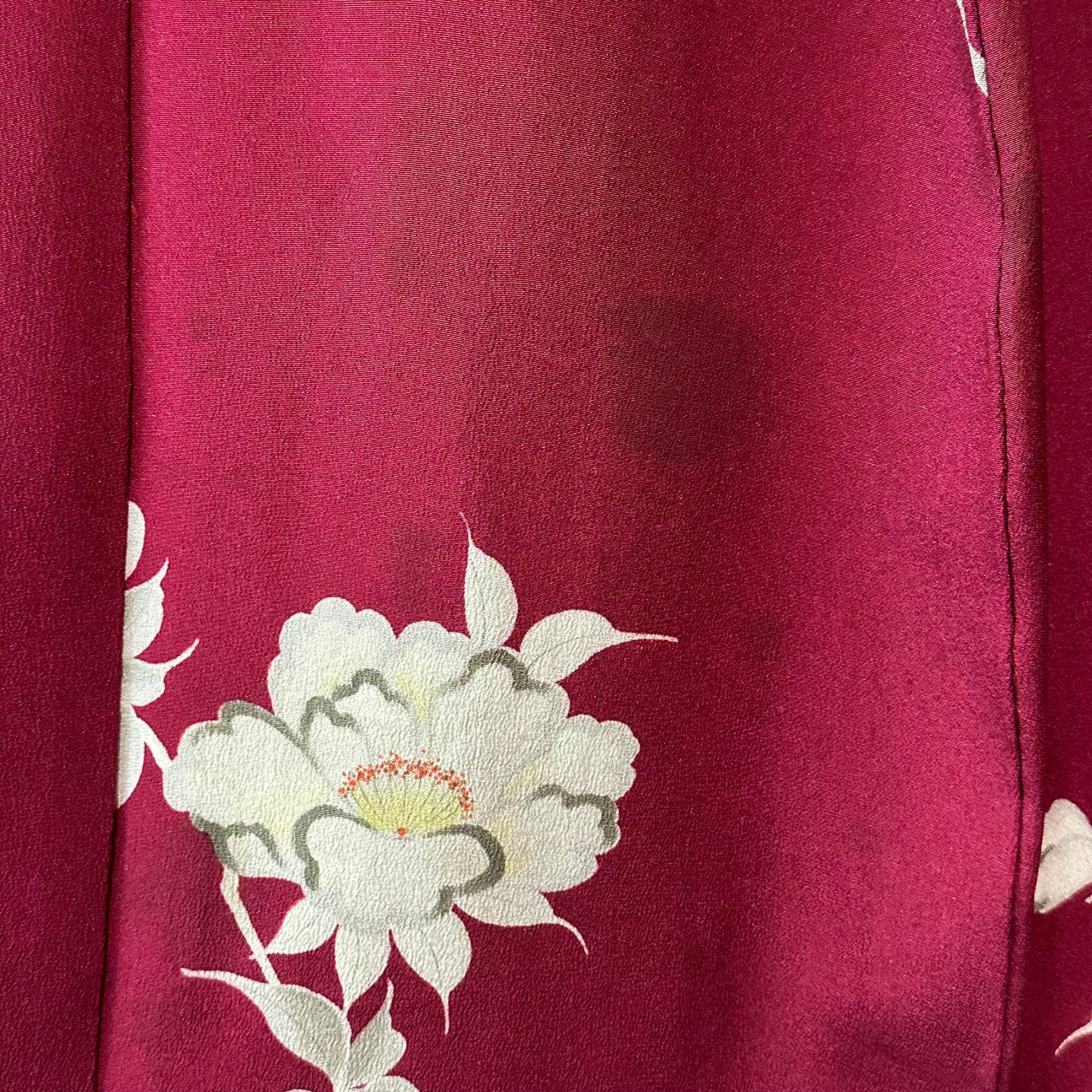 Vintage Japanese Silk Kimono Burgundy Peony Chirimen Crepe Showa