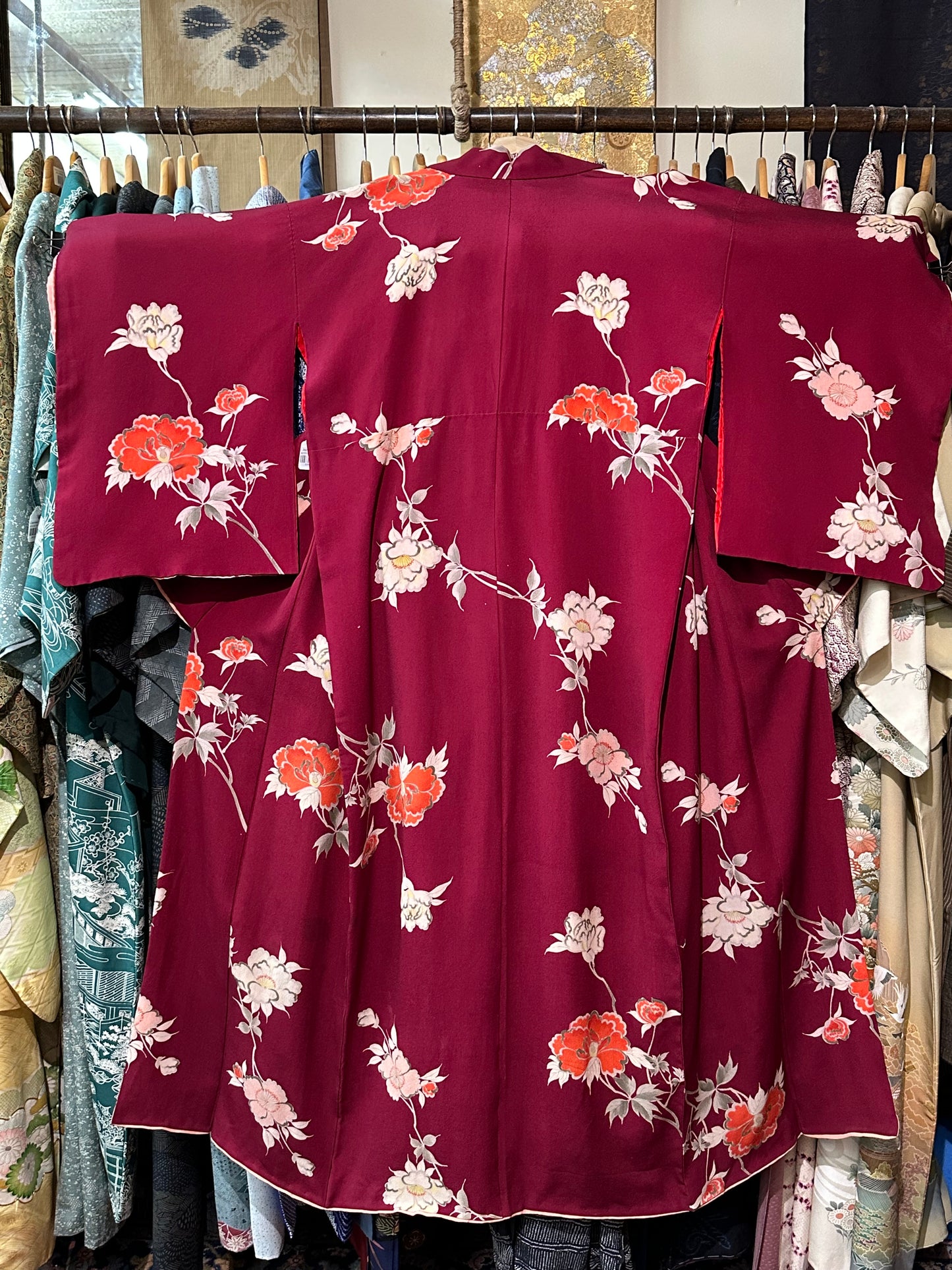 Vintage Japanese Silk Kimono Burgundy Peony Chirimen Crepe Showa