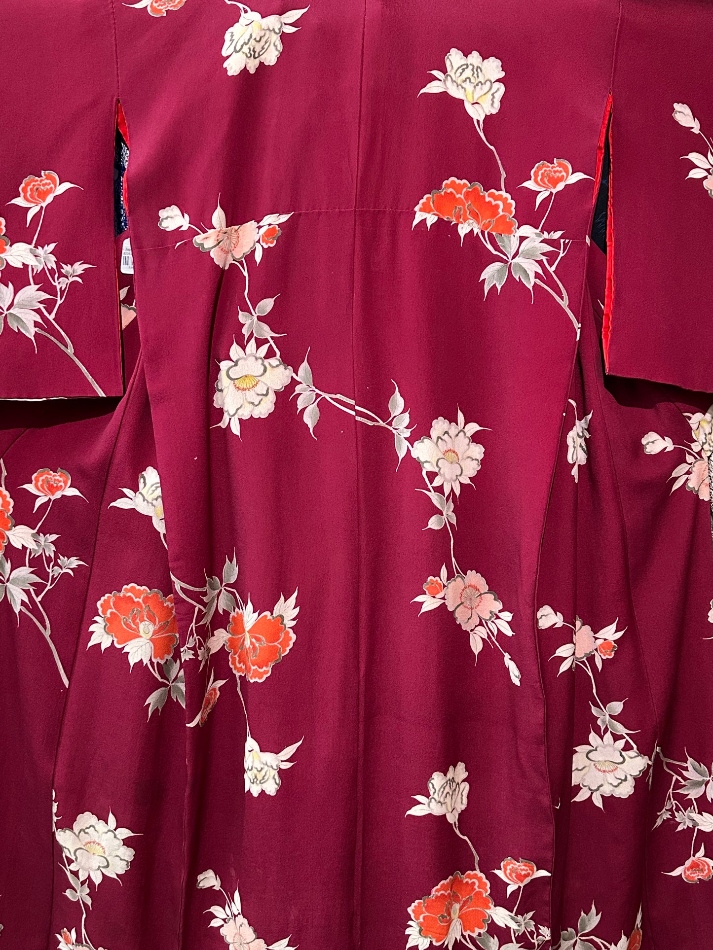 Vintage Japanese Silk Kimono Burgundy Peony Chirimen Crepe Showa