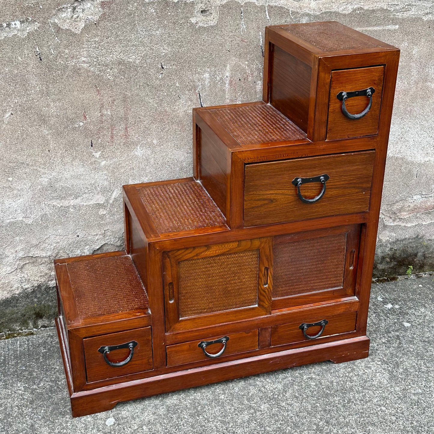 Vintage Japanese Keyaki Step Chest Kaidan Dansu Rattan Double-Sided ~36"H