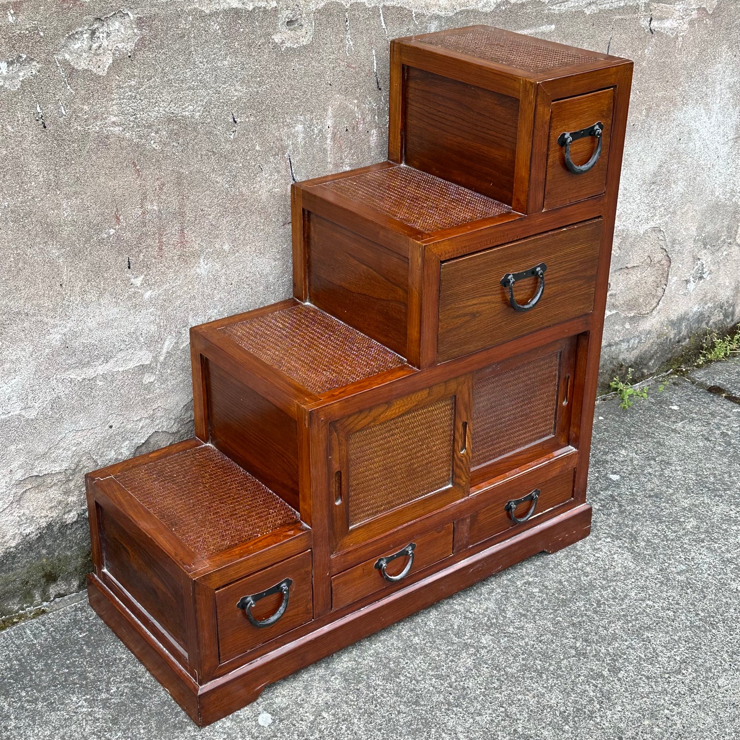 Vintage Japanese Keyaki Step Chest Kaidan Dansu Rattan Double-Sided ~36"H