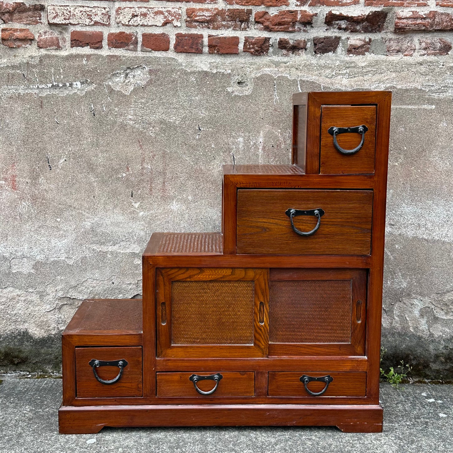 Vintage Japanese Keyaki Step Chest Kaidan Dansu Rattan Double-Sided ~36"H