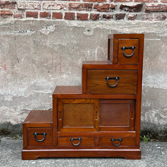 Vintage Japanese Keyaki Step Chest Kaidan Dansu Rattan Double-Sided ~36"H