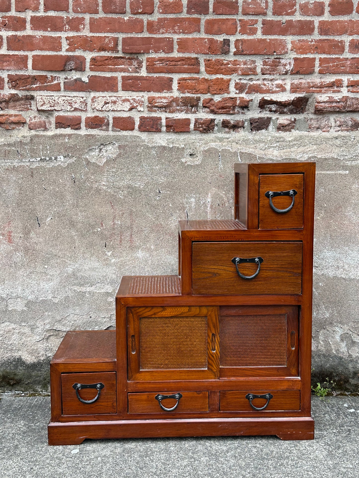 Vintage Japanese Keyaki Step Chest Kaidan Dansu Rattan Double-Sided ~36"H