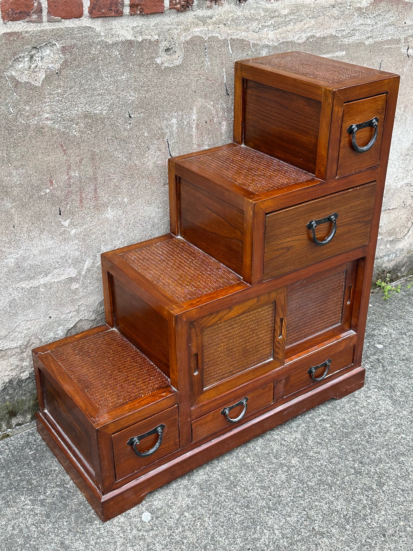 Vintage Japanese Keyaki Step Chest Kaidan Dansu Rattan Double-Sided ~36"H