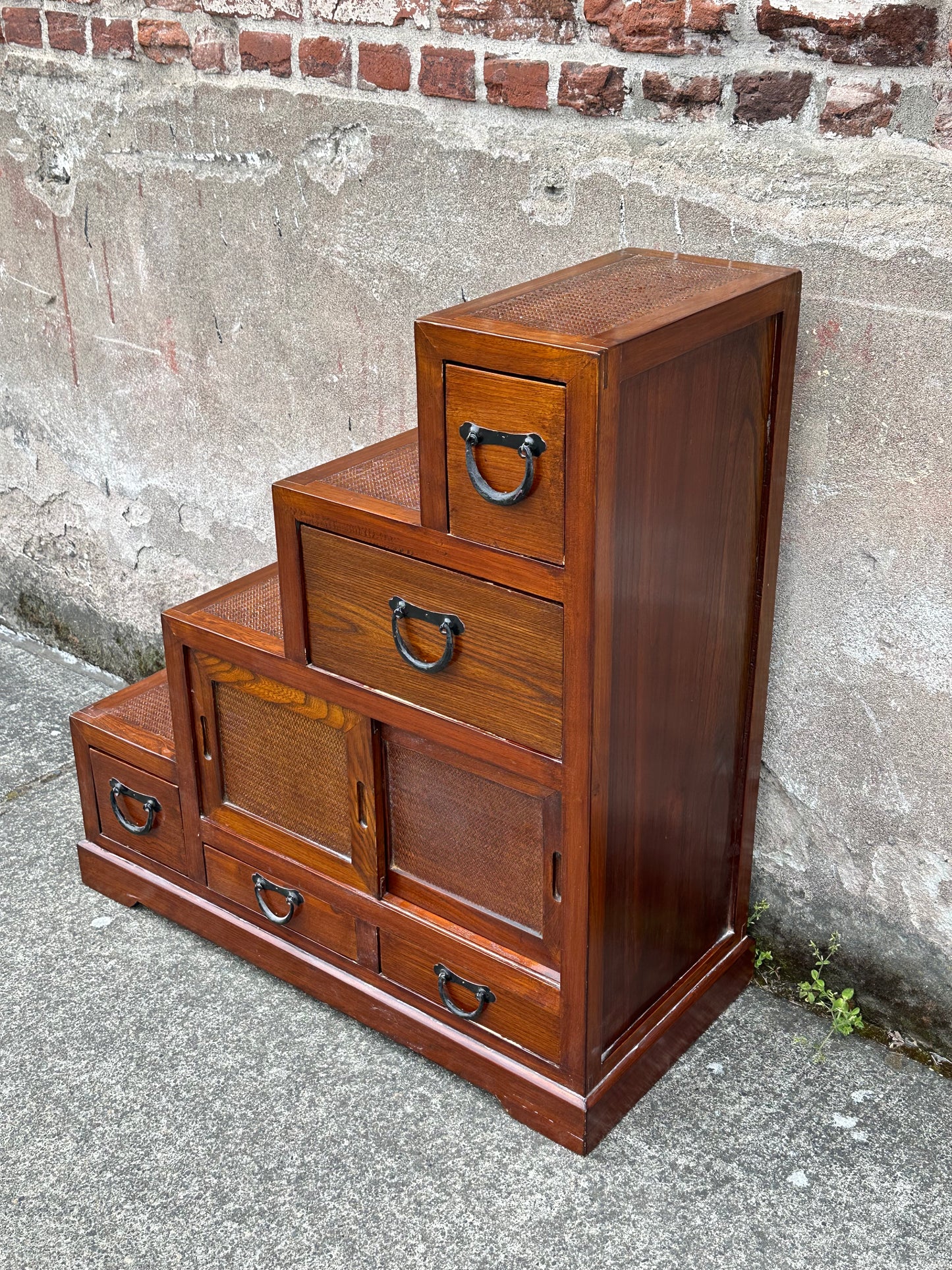 Vintage Japanese Keyaki Step Chest Kaidan Dansu Rattan Double-Sided ~36"H