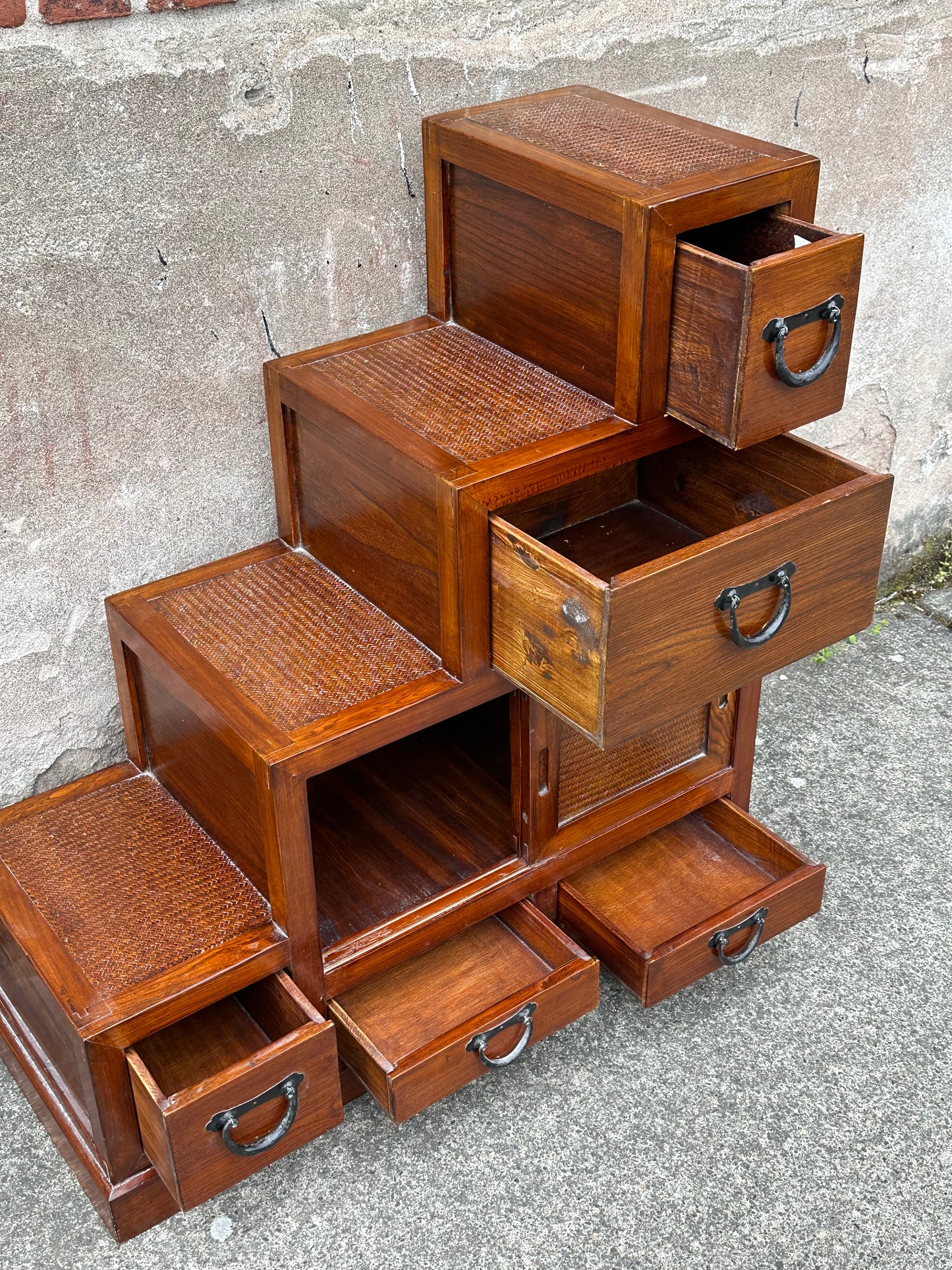 Vintage Japanese Keyaki Step Chest Kaidan Dansu Rattan Double-Sided ~36"H