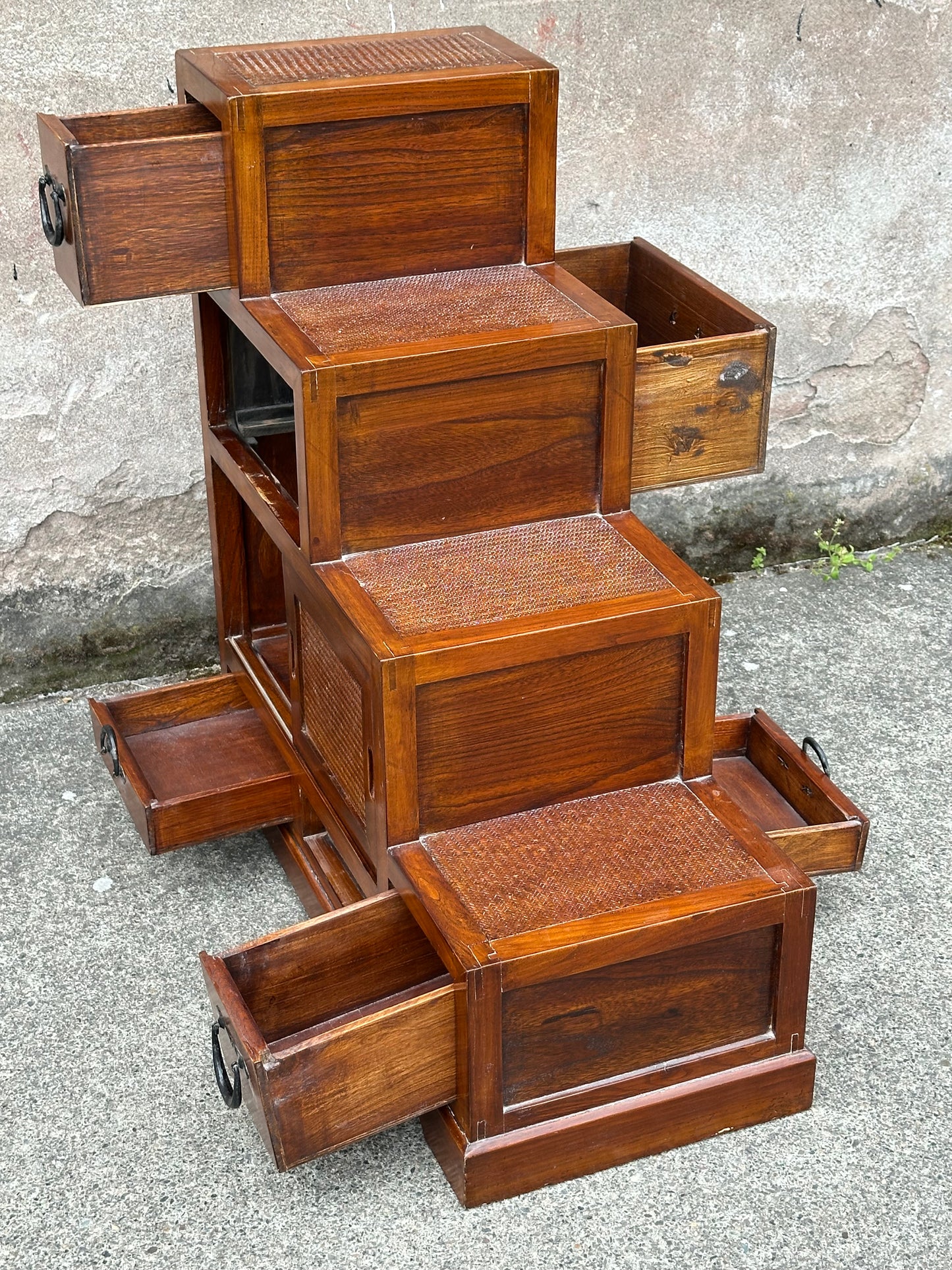 Vintage Japanese Keyaki Step Chest Kaidan Dansu Rattan Double-Sided ~36"H