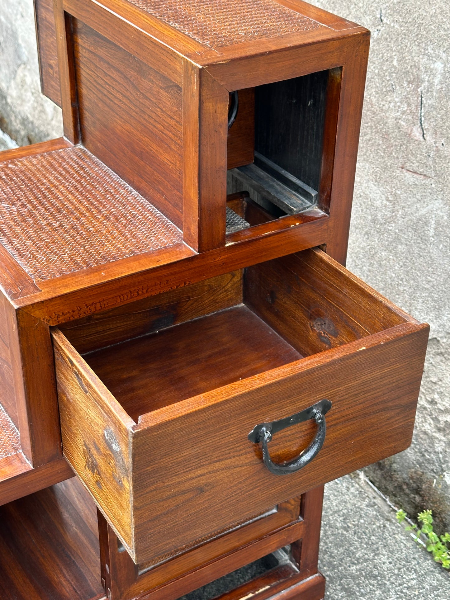 Vintage Japanese Keyaki Step Chest Kaidan Dansu Rattan Double-Sided ~36"H