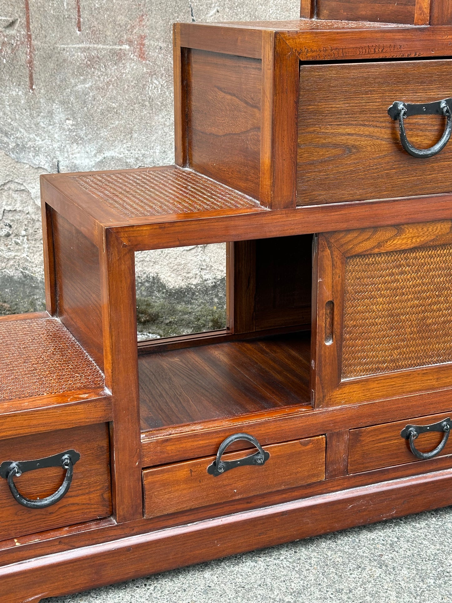Vintage Japanese Keyaki Step Chest Kaidan Dansu Rattan Double-Sided ~36"H