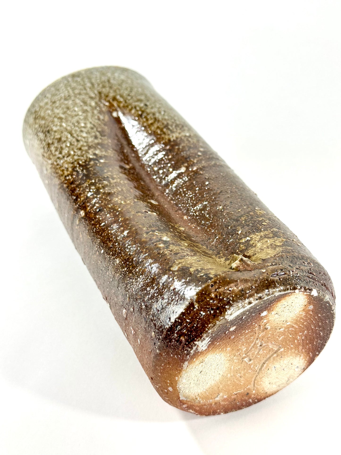 Antique Japanese Bizen Ware Cylindrical Vase Hidasuki & Goma Ash Glaze 10"