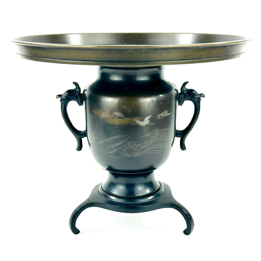 Antique Japanese Bronze Usubata Flower Vase Inlaid Crane & Wave 12"W