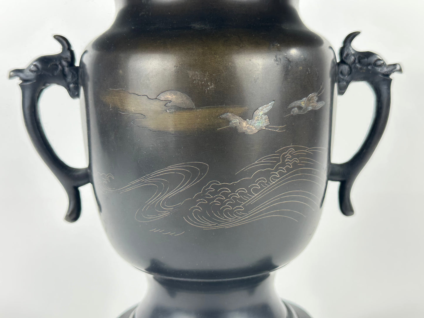 Antique Japanese Bronze Usubata Flower Vase Inlaid Crane & Wave 12"W