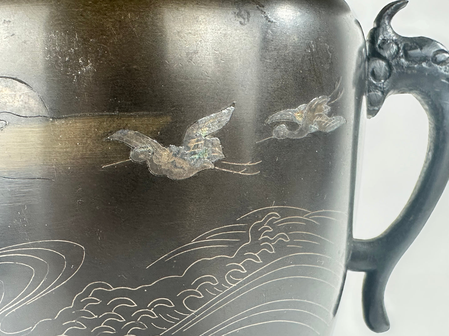 Antique Japanese Bronze Usubata Flower Vase Inlaid Crane & Wave 12"W