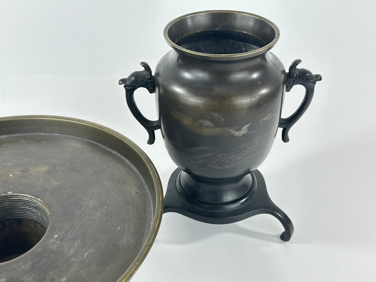 Antique Japanese Bronze Usubata Flower Vase Inlaid Crane & Wave 12"W