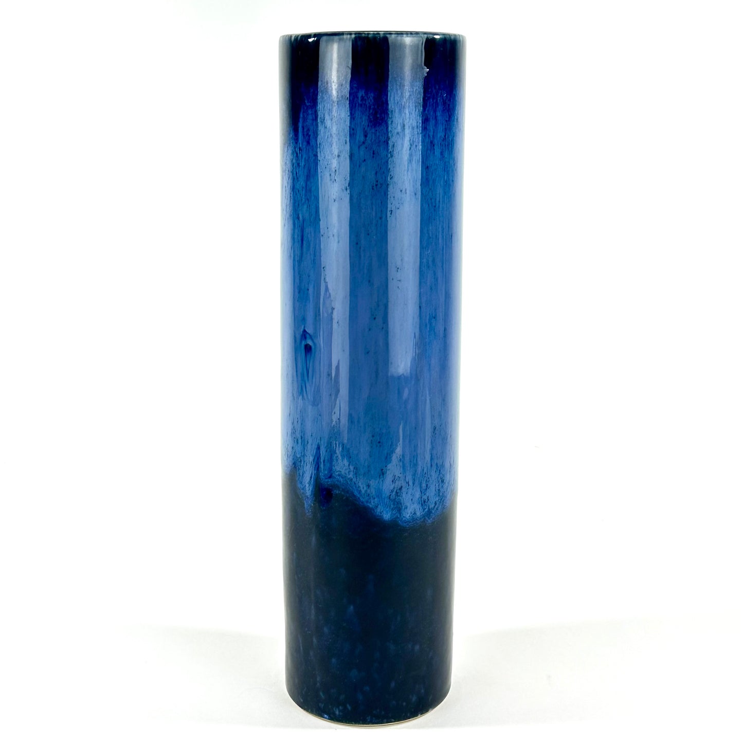Vintage Japanese Cylindrical Vase with Flowing Blue Flambe Glaze 13"