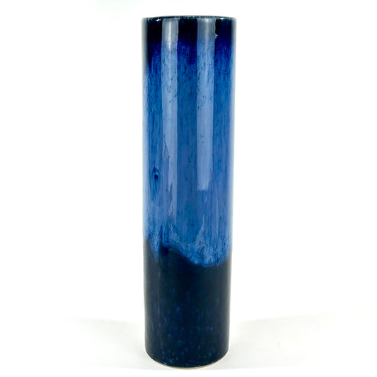 Vintage Japanese Cylindrical Vase with Flowing Blue Flambe Glaze 13"