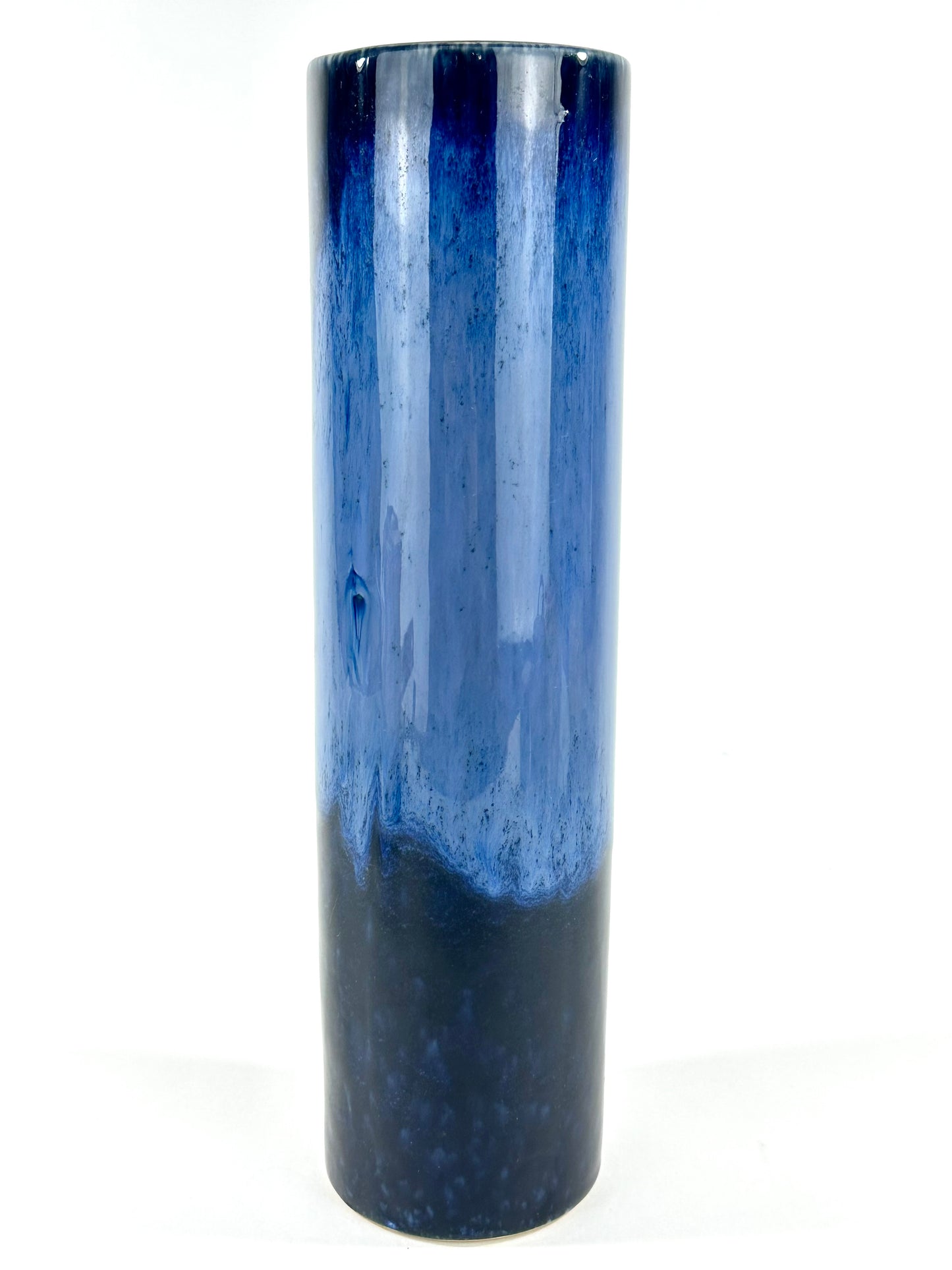 Vintage Japanese Cylindrical Vase with Flowing Blue Flambe Glaze 13"