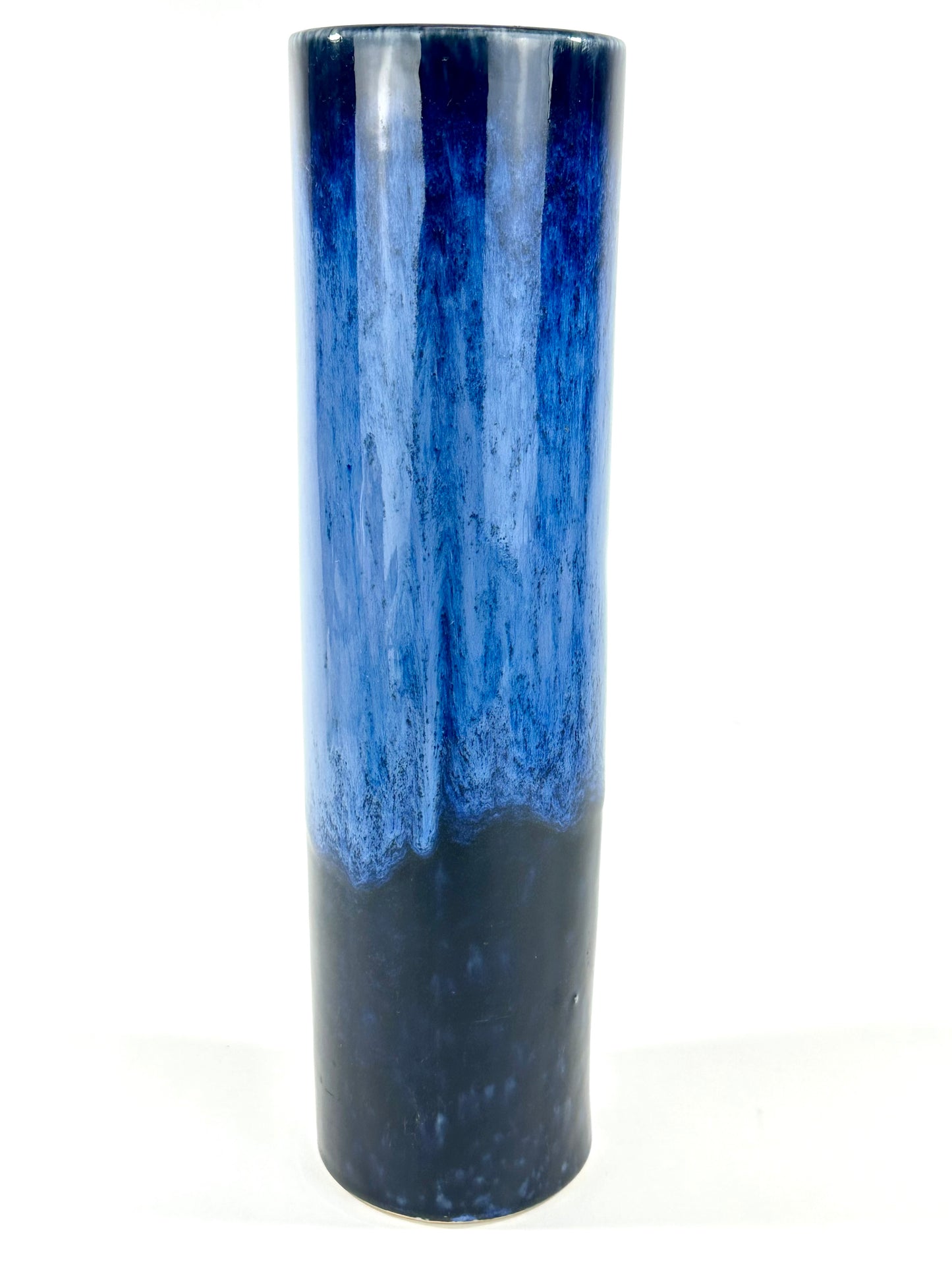 Vintage Japanese Cylindrical Vase with Flowing Blue Flambe Glaze 13"