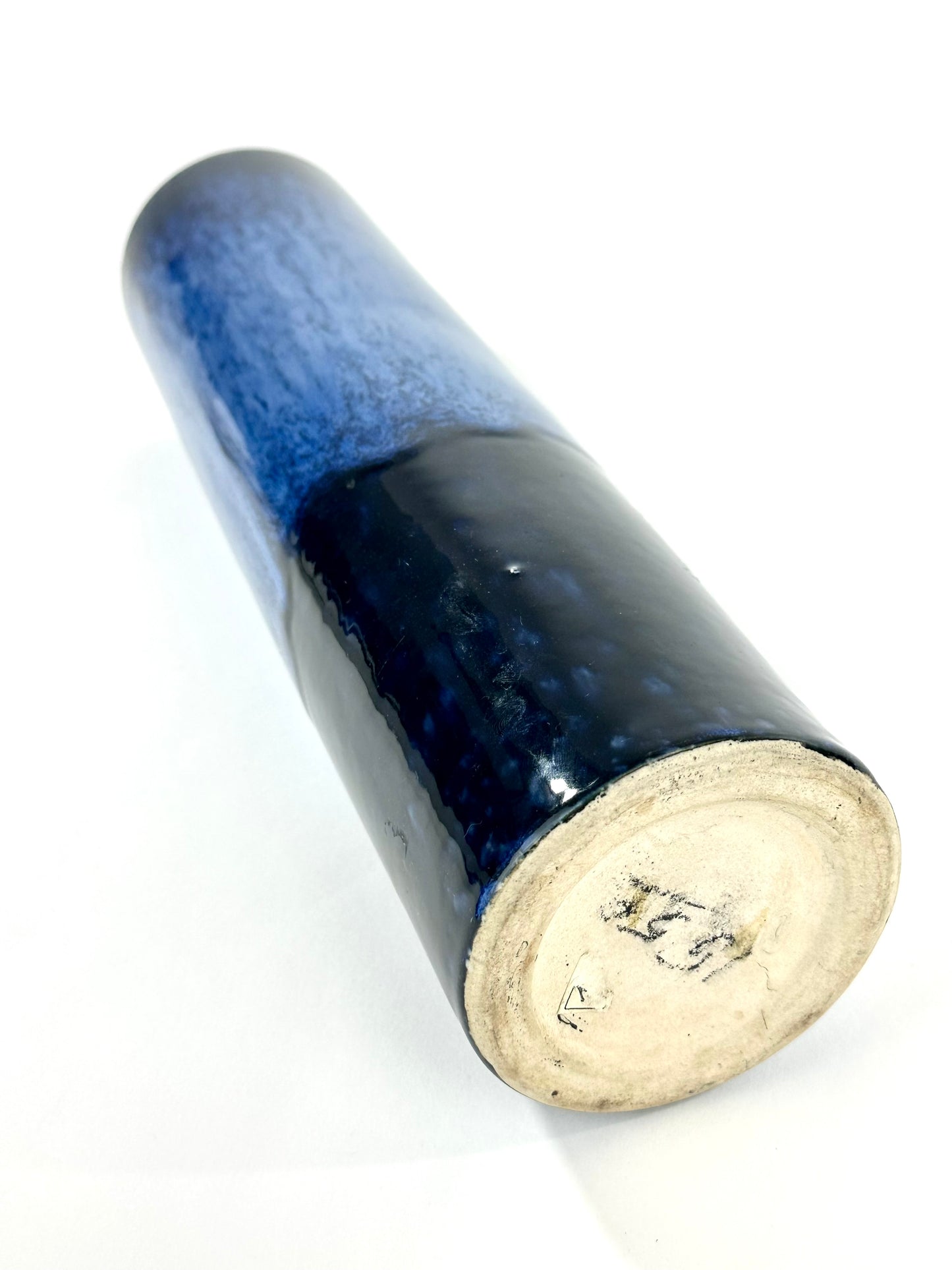Vintage Japanese Cylindrical Vase with Flowing Blue Flambe Glaze 13"