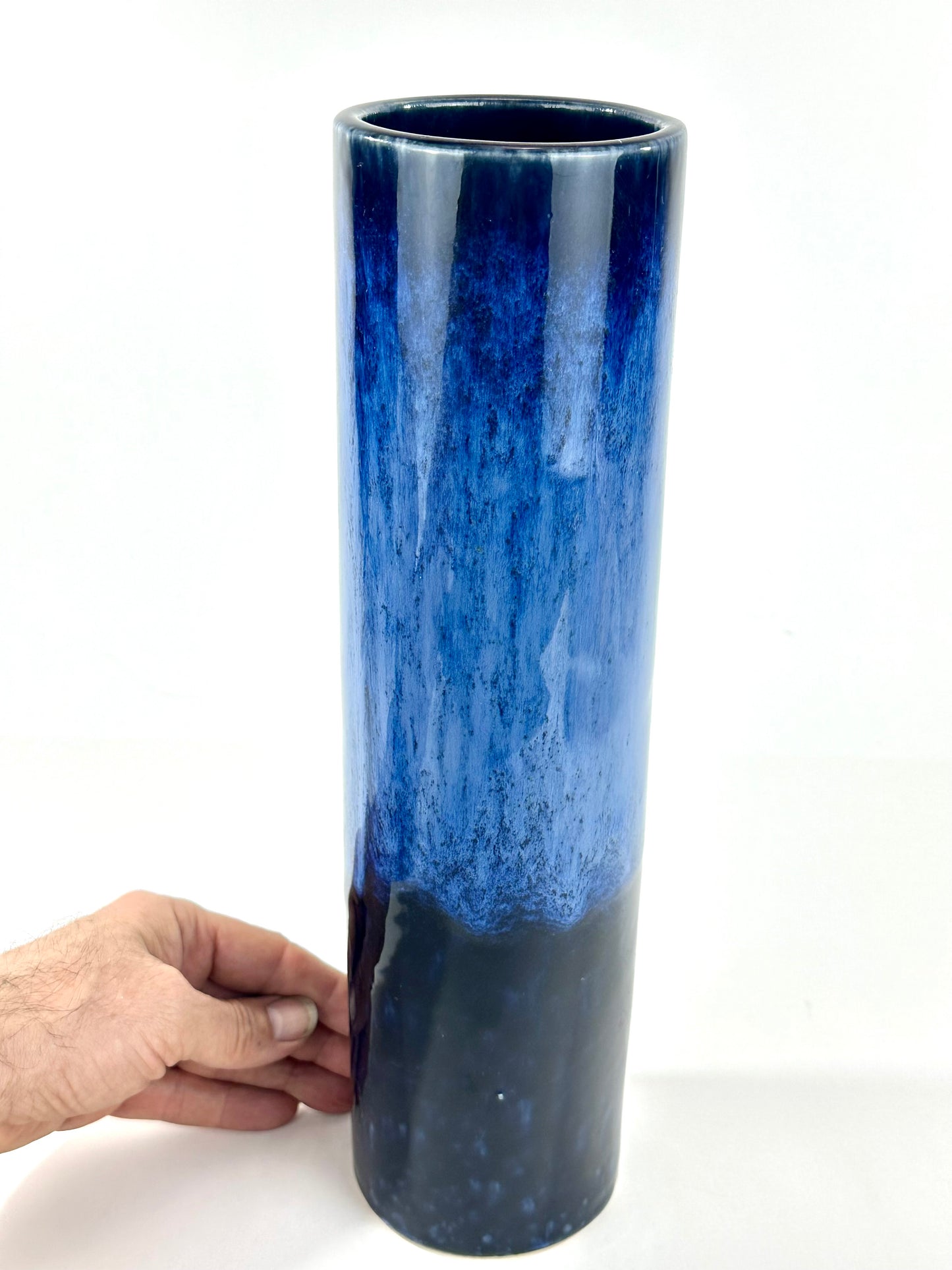 Vintage Japanese Cylindrical Vase with Flowing Blue Flambe Glaze 13"