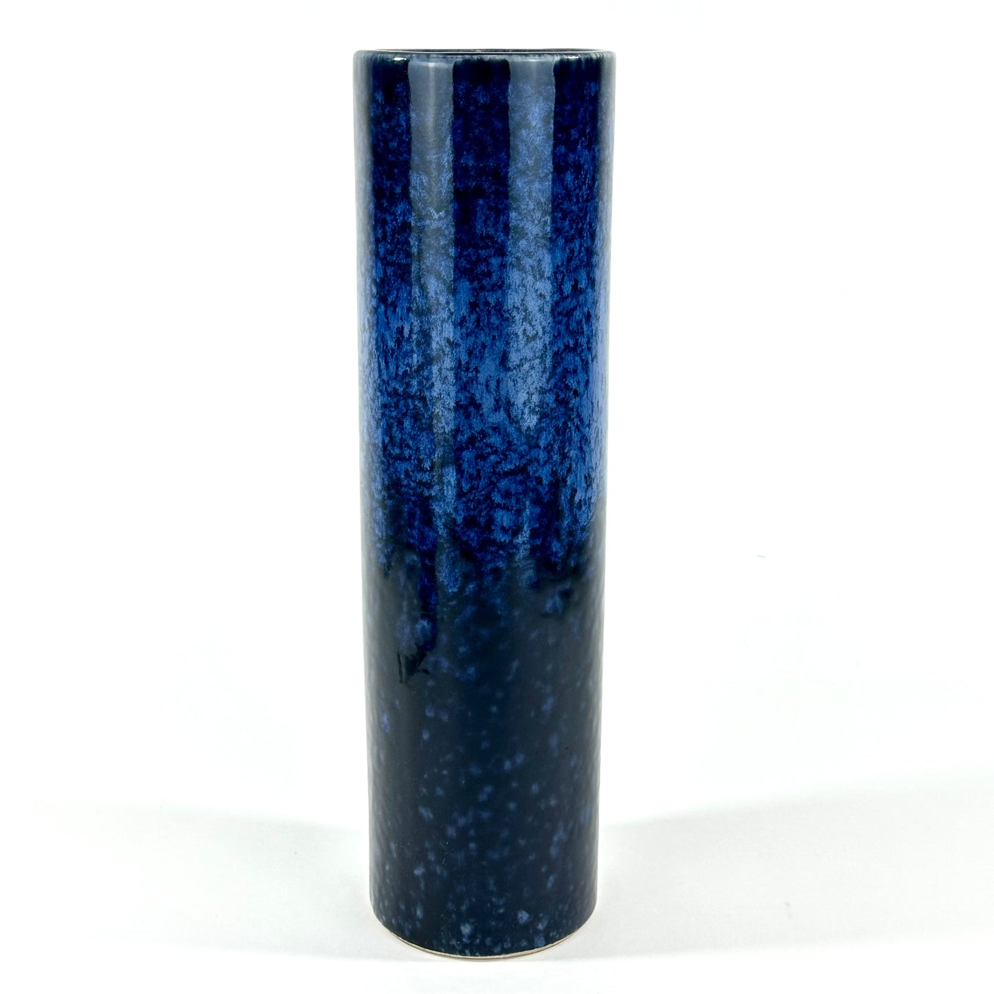 Vintage Japanese Cylindrical Stoneware Vase Mottled Blue Flambe Glaze 12"