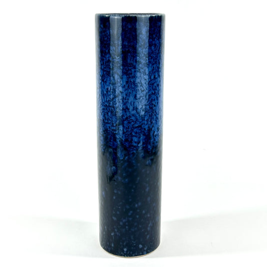 Vintage Japanese Cylindrical Stoneware Vase Mottled Blue Flambe Glaze 12"