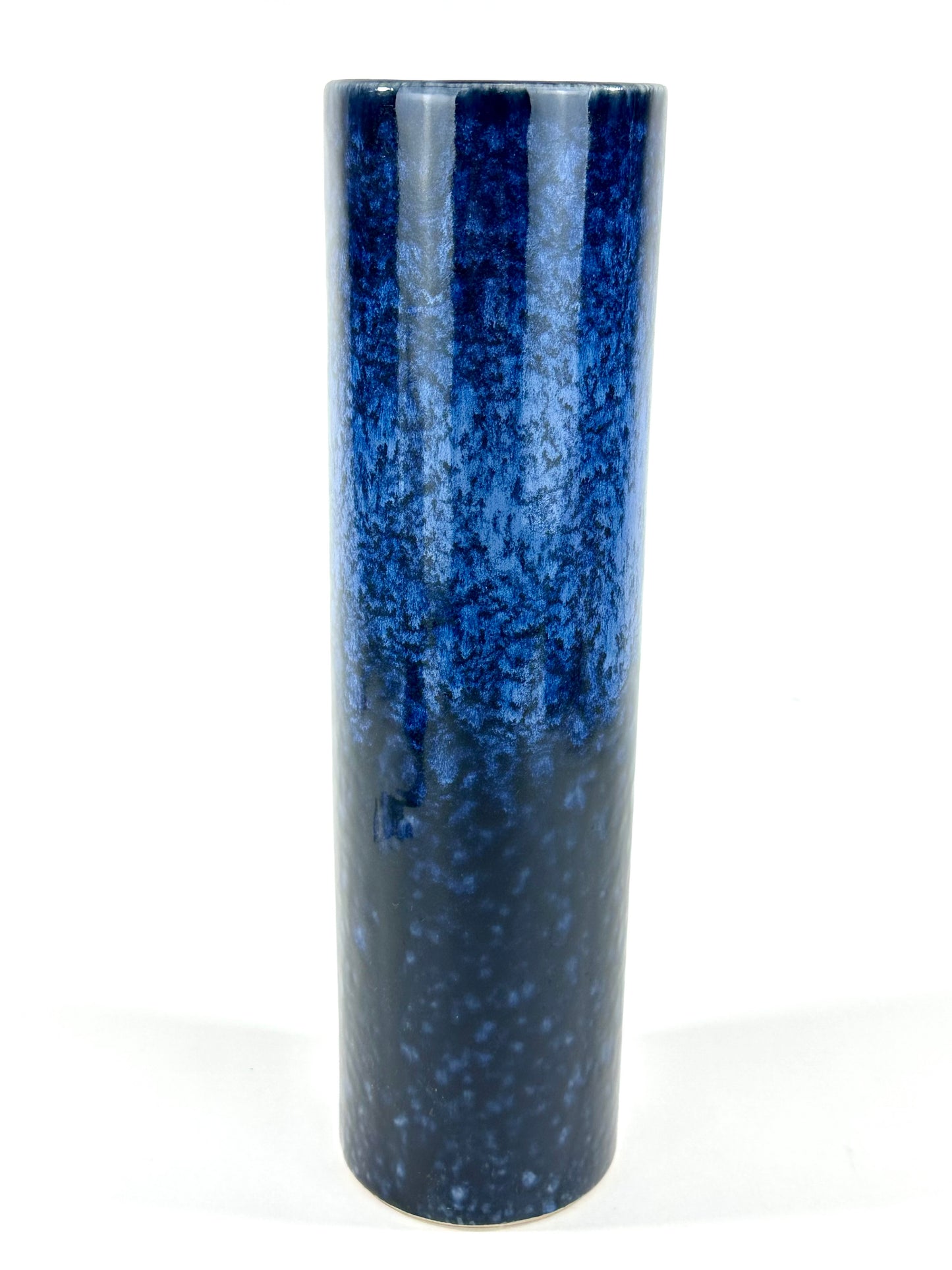 Vintage Japanese Cylindrical Stoneware Vase Mottled Blue Flambe Glaze 12"