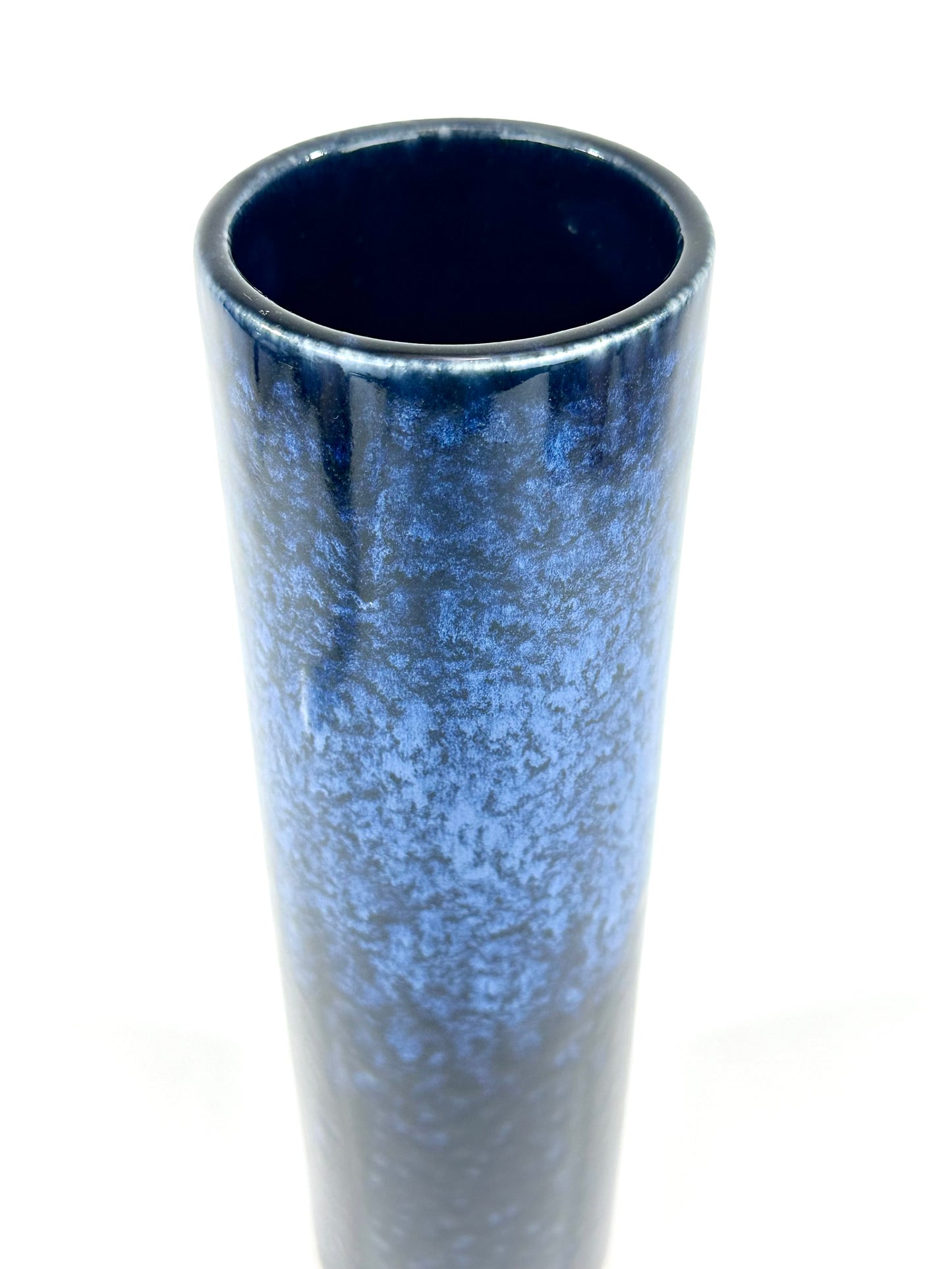 Vintage Japanese Cylindrical Stoneware Vase Mottled Blue Flambe Glaze 12"